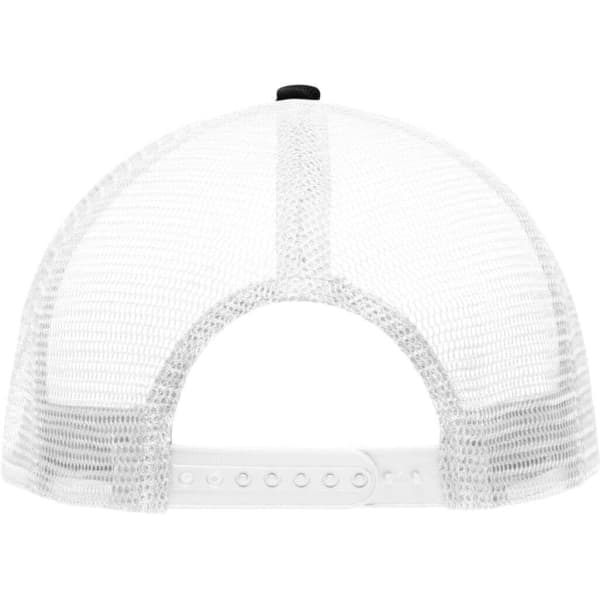 A white mesh trucker cap with a black adjuster at the back. Features a five-panel design and a logo.