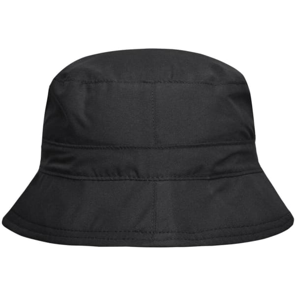 A black bucket hat featuring a simple design and a logo on the side.