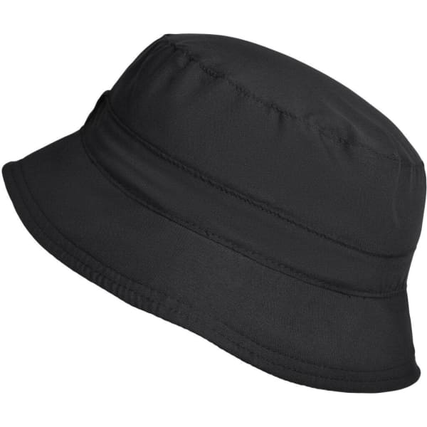 A black bucket hat made from lightweight fabric, featuring a stitched band and a logo.