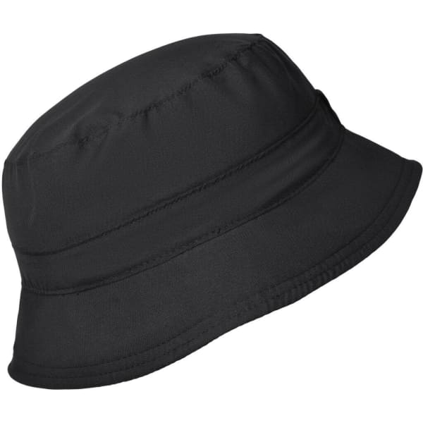 A black bucket hat with a rounded crown and wide, flexible brim, featuring a simple design and a logo.