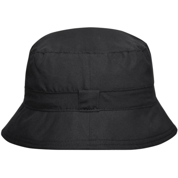 A black bucket hat with a rounded crown and wide brim, featuring a seam detail and a logo on the side.