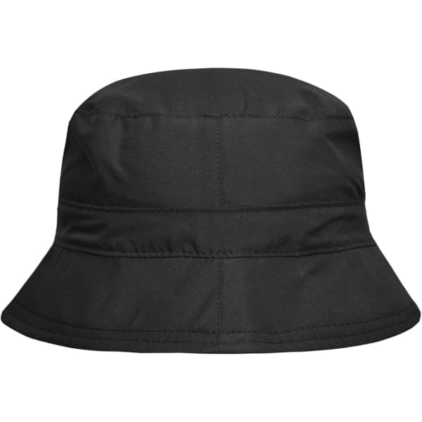 A black bucket hat with a structured design and visible stitching, featuring a logo on the side.