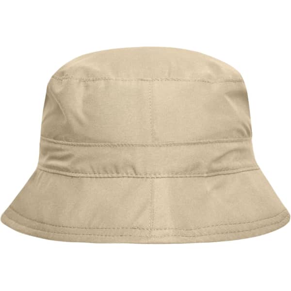 A beige bucket hat featuring a wide brim and a stitched crown, including a logo on the side.