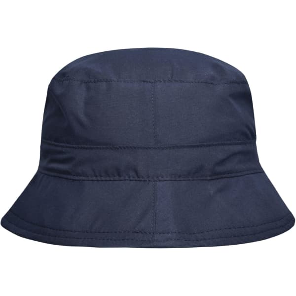 A navy blue bucket hat with a rounded top and a wide brim. It features a simple design and has a logo.