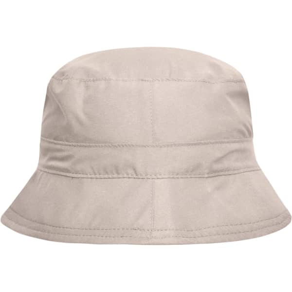 A beige bucket hat with a simple design and a logo on it, ideal for outdoor activities.