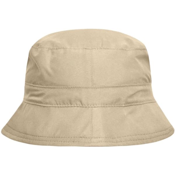 A beige bucket hat with a wide brim and a stitched design. It features a logo on the side.