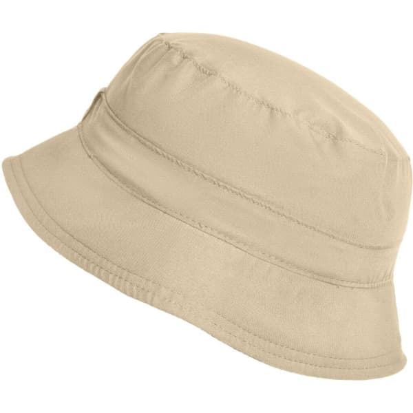 A beige bucket hat with a rounded crown and a wide brim, featuring a simple design and a logo.