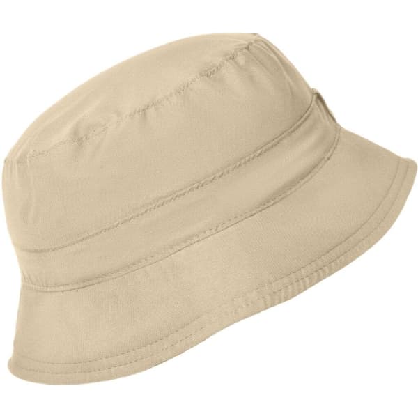 A khaki bucket hat with a flexible brim and an adjustable fit, featuring a logo.