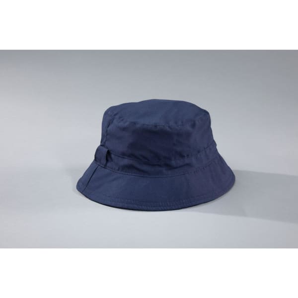 A navy bucket hat with a wide brim. The hat features a logo on its side.