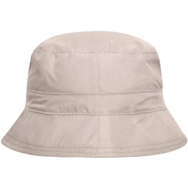 A beige bucket hat with a round crown and a wide brim, featuring a logo. 