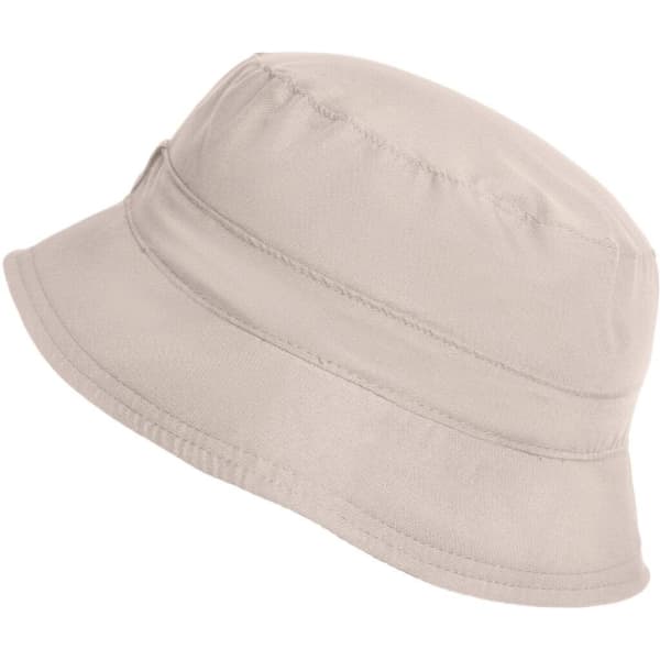 A beige bucket hat with a simple design, featuring an adjustable band and a logo on the side.