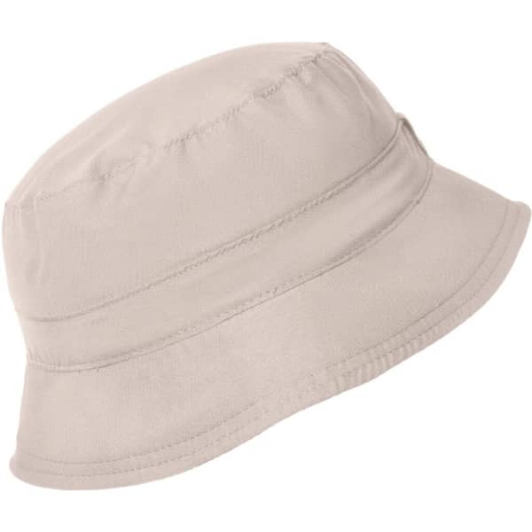 A light beige bucket hat with a simple design, featuring a subtle branding logo on the side.