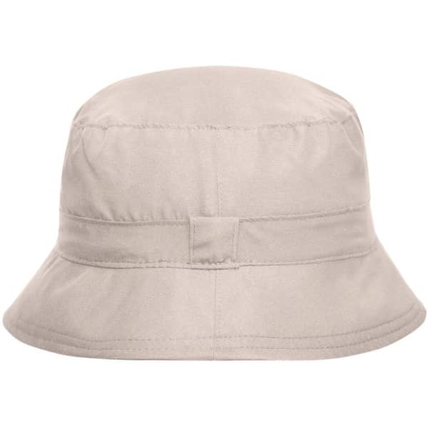 A beige bucket hat with a soft crown and wide brim, featuring a logo on the side.