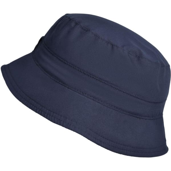A navy blue bucket hat featuring a simple design and a logo on the side. Ideal for outdoor activities.