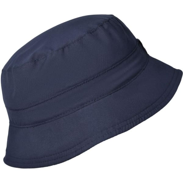 A navy blue bucket hat with a subtle texture and a logo, designed for outdoor activities.