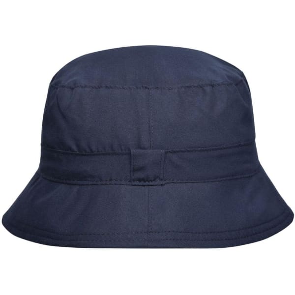 A navy bucket hat features a wide brim and a structured design, complete with a logo.