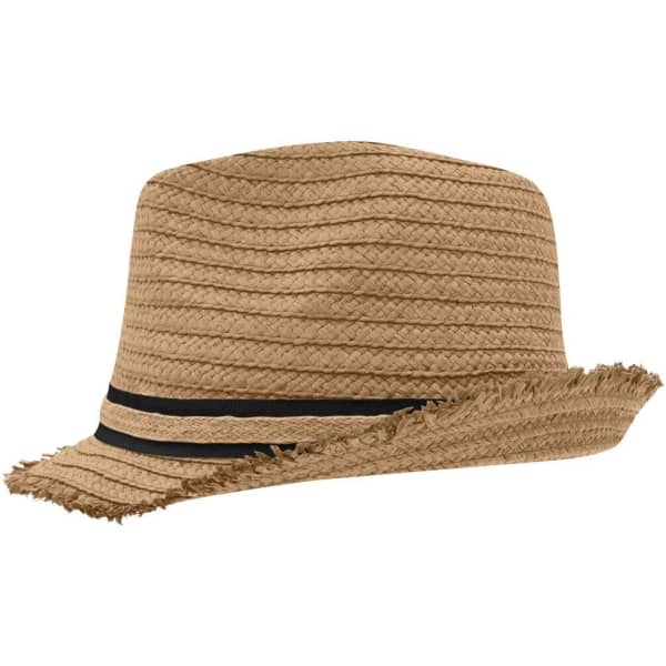 A straw hat in tan colour with a fringed brim and black band around the crown, featuring branding.