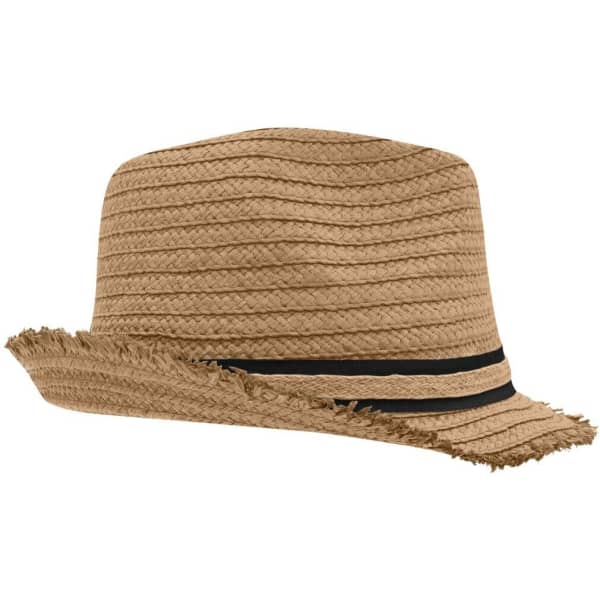 A straw hat in a natural tan colour with a frayed brim and two black bands around the crown.