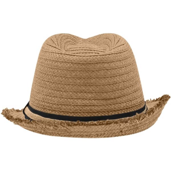 A straw hat in tan with a frayed edge and a black band around the base. It has a rounded crown.