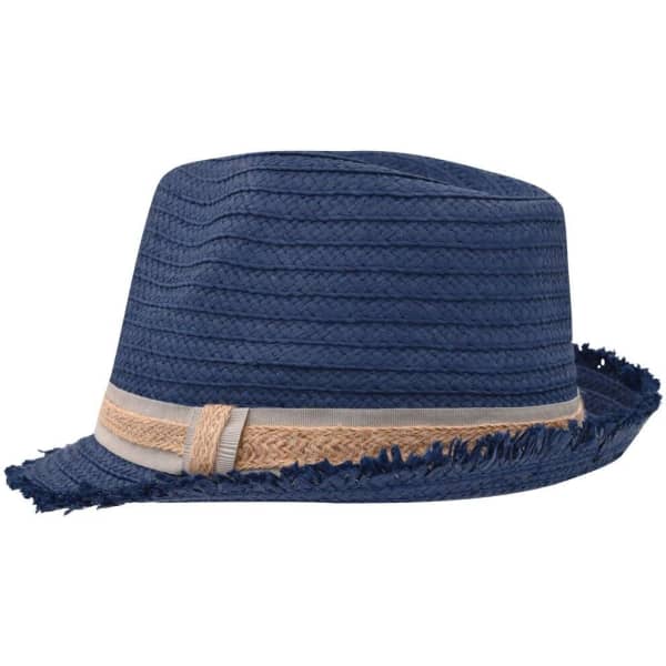 A trendy navy straw hat with a frayed brim and a tan band, featuring a logo on the side.