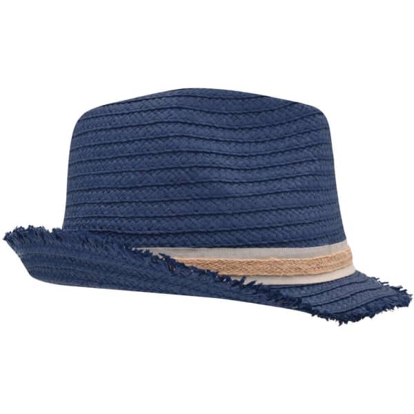 A navy straw hat featuring a frayed brim and a decorative band. It has a logo on the side.