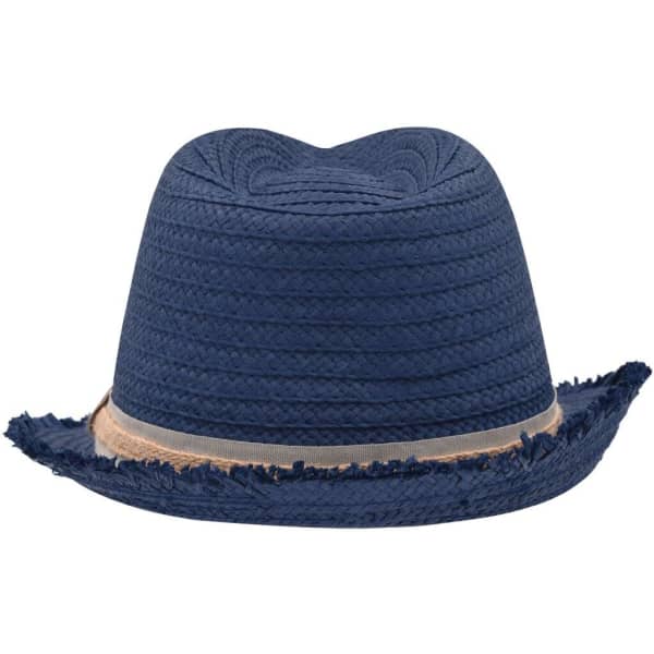 A trendy summer hat in navy blue with a textured design and a frayed brim. It features a band around the base.