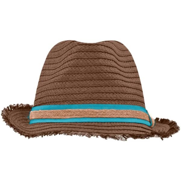 A brown straw hat with a frayed brim and a turquoise and tan striped band. It features a logo on the band.