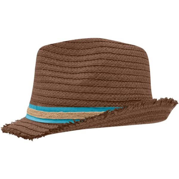 A brown straw hat featuring a frayed edge and colourful bands in blue and natural tones.