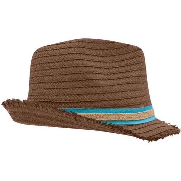 A stylish brown straw hat with a frayed edge and decorative blue and beige stripes. It features a logo.