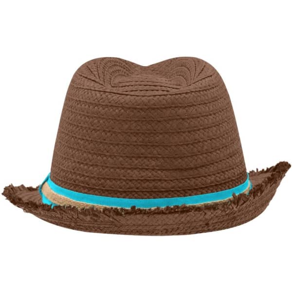 A brown straw hat featuring a blue band and frayed edges, designed for summer wear.