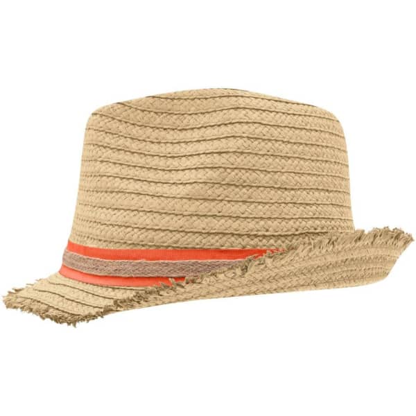 A straw hat in a natural colour, featuring an orange and brown band, with a slightly frayed brim.