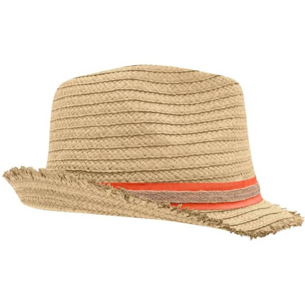 A straw hat in tan with a frayed brim and two decorative bands in orange and brown. It features a logo.
