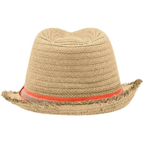 A straw hat with a wide brim, featuring a textured design and an orange band around the base.