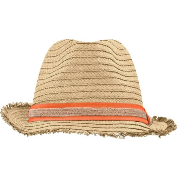A straw hat in natural tones with an orange and grey band and frayed edges. It features a logo on the side.