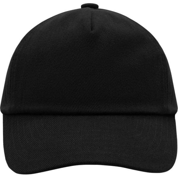 A black five-panel cap featuring a curved brim and a structured design, with a branding logo visible.