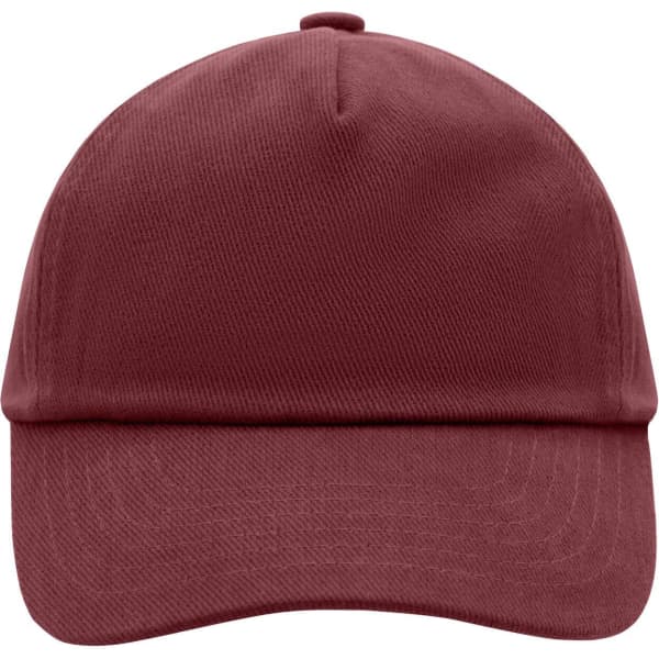 A burgundy kids' 5 panel cap with a curved brim and a stitched top button, featuring a logo on the front.