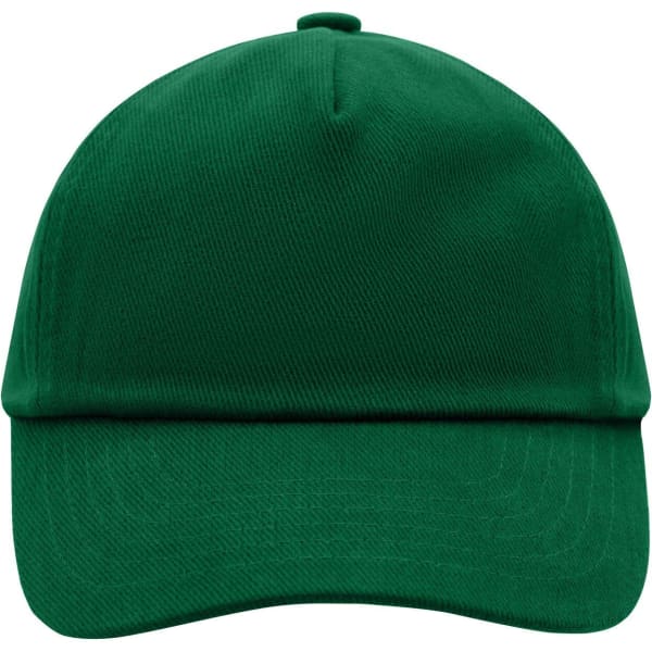 A green five-panel cap with a curved brim and a smooth finish, featuring a logo on the front.