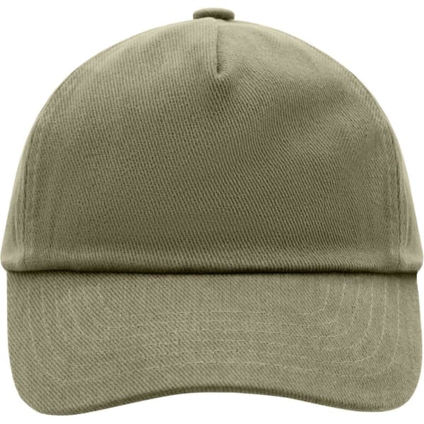 A khaki kids' 5 panel cap with a curved brim and a logo on the front.