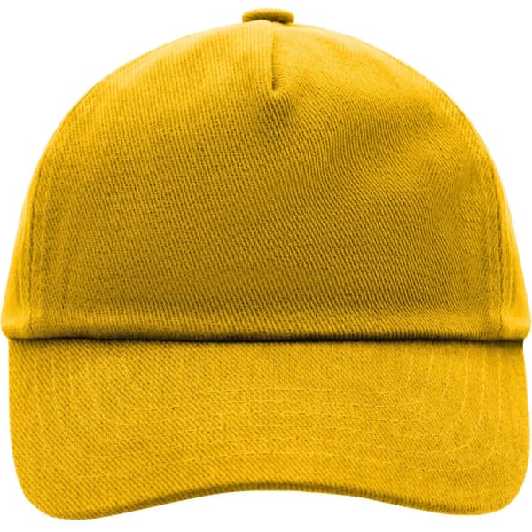 A yellow 5 panel cap featuring a curved brim and a logo on the front.