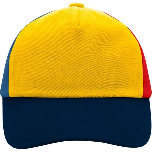 A multicoloured kids' cap featuring a yellow front and red and blue side panels with a navy blue brim.