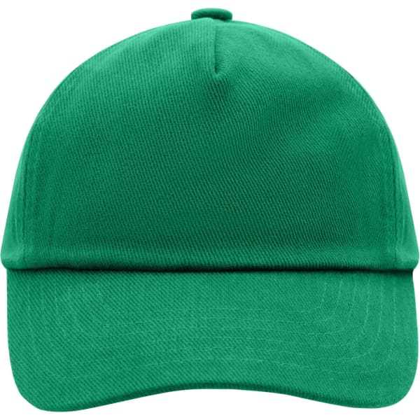 A green 5-panel cap featuring a curved peak and a branding logo on the front.