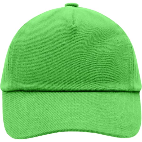 A green kids' five-panel cap with a curved brim and a logo. The cap features a textured fabric.