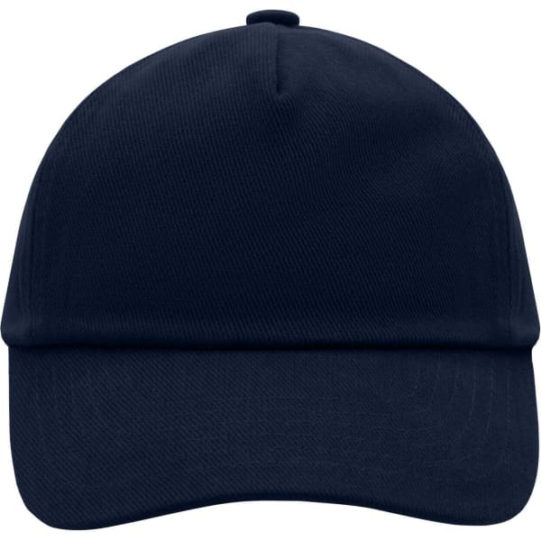 A navy blue kids' 5 panel cap featuring a curved brim and a plain design, with a logo on the front.