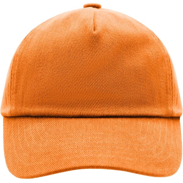 An orange kids' 5 panel cap with a flat brim and a logo on the front.