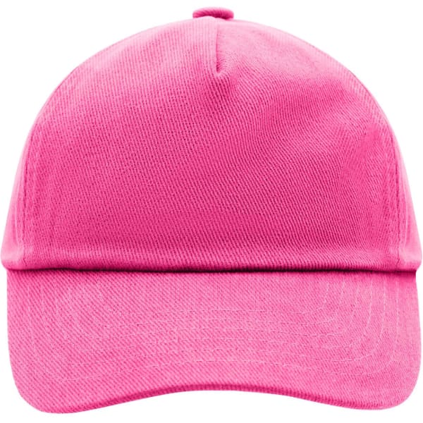 A bright pink five-panel cap featuring a curved brim and a plain design. It has a logo on the front.