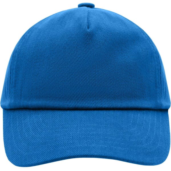 A blue 5 panel cap with a structured design and a stitched visor, featuring a logo on the front.
