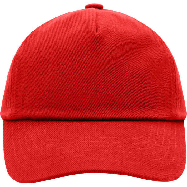 A red kids' 5 panel cap with a structured crown and curved brim. It features a logo on the front.