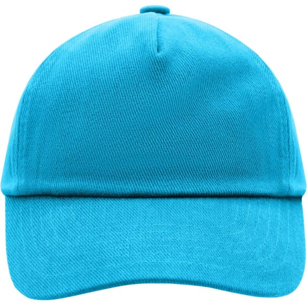 A bright blue 5 panel cap with a rounded crown and a curved brim, featuring a logo on the front.