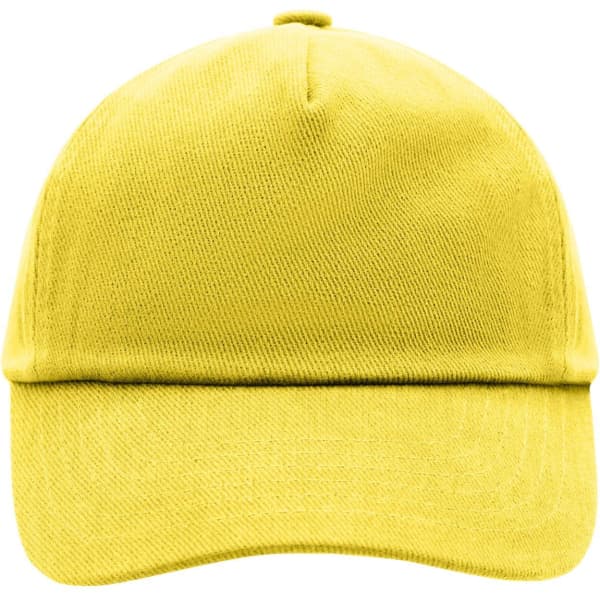 A yellow 5 panel cap featuring a curved brim and a rear adjustable strap. It has a logo on the side.