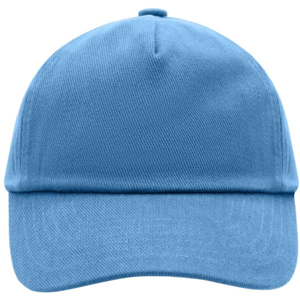 A blue kids' 5 panel cap featuring a curved brim and a structured design, with a logo on the front.